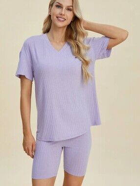🌸Basic Bae Purple Ribbed V Neck Short Sleeve Top and Shorts Set